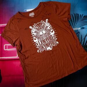 Lynyrd Skynyrd Distressed Graphic Tee Womens Oversized L XL Brown Rock Band V02